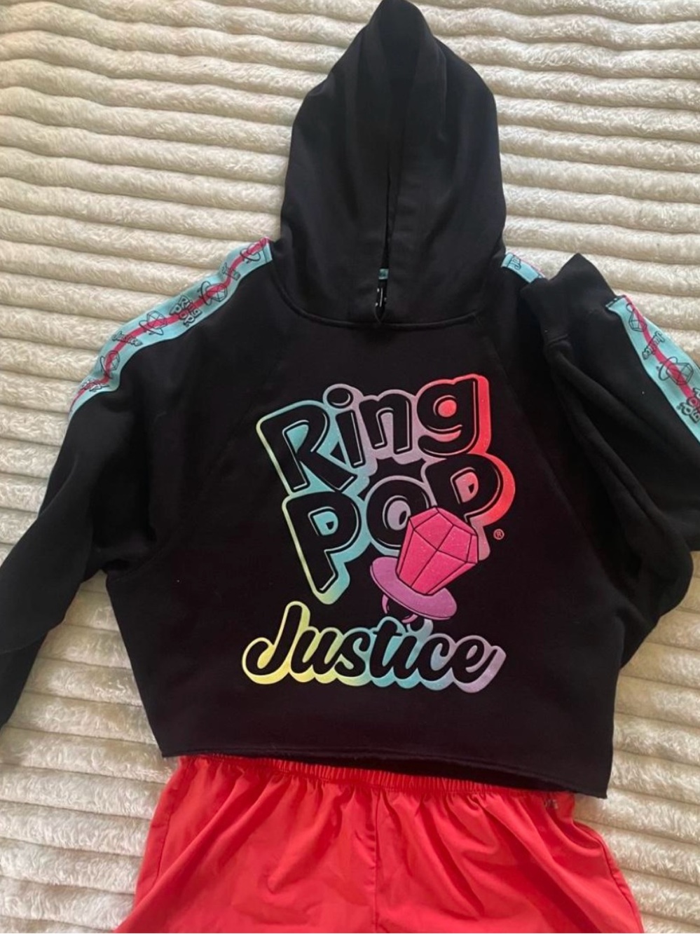 Justice Black Cropped Hoodie with Multicolor Ring Pop Logo